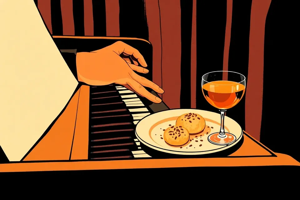 Close-up of a jazz pianist's hands playing a grand piano, with a plate of gnocco fritto and a glass of drink on the piano top, in a dim, upscale lounge.
