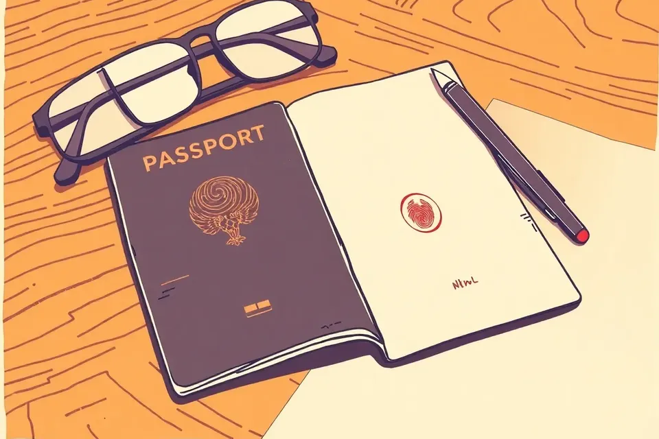 An open passport with a red thumbprint stamp on a wooden table, next to reading glasses and a pen, in a quiet, serious setting.