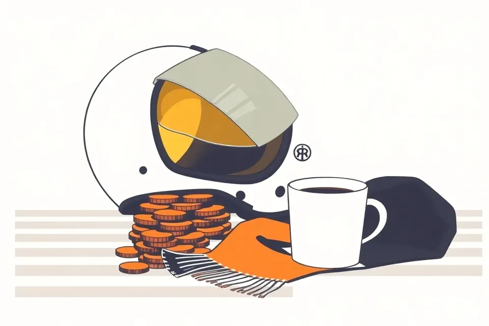 A still life arrangement with a racing helmet, arcade tokens, espresso cup, and Italian flag scarf on a checkered cloth, evoking a racing event at an arcade.