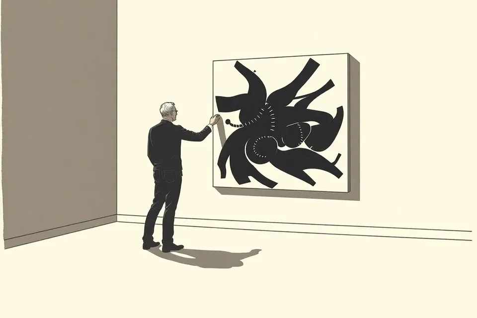 A person in a dark room stands close to a large abstract painting, their hand raised near the canvas, with a soft shadow cast on the floor.