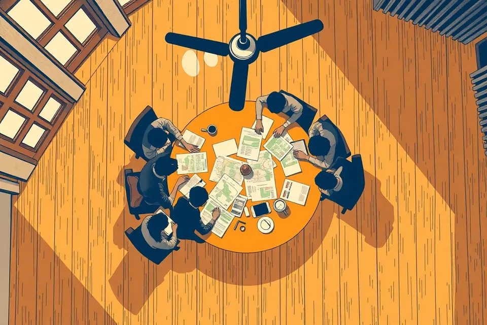 An overhead illustration of a meeting at the FCC Thai Clubhouse, with a circular table covered in maps and charts, surrounded by anonymous figures and a ceiling fan pattern.