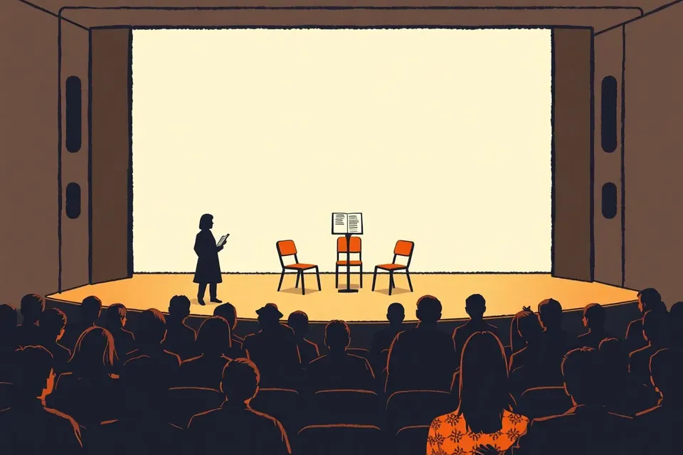 A wide view of a quiet theatre stage with three music stands and scripts, actors standing nearby, and an audience seated in the dim light.
