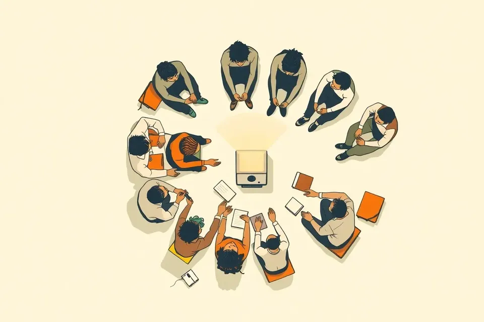 An overhead view of a group of people sitting in a circle on a dark floor, facing a central light source. Film reels and notebooks are scattered around them, and hands reach toward a small glowing object in the middle.