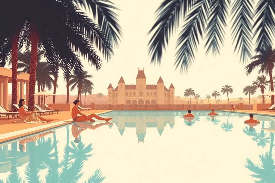 A wide view of a hotel pool at dawn, with a few people sitting at the edge and floating in the water, the chateau-style building and palm trees in the background under a soft morning sky.