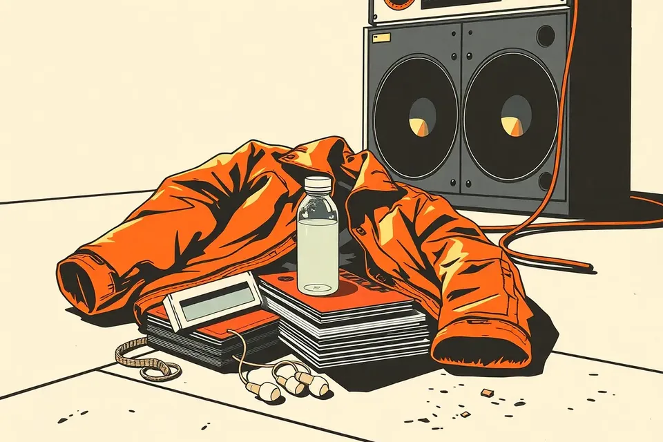 A still life of a leather jacket, vinyl records, water bottle, and earplugs on a concrete floor, lit by a red strobe light, with a speaker stack in the background.