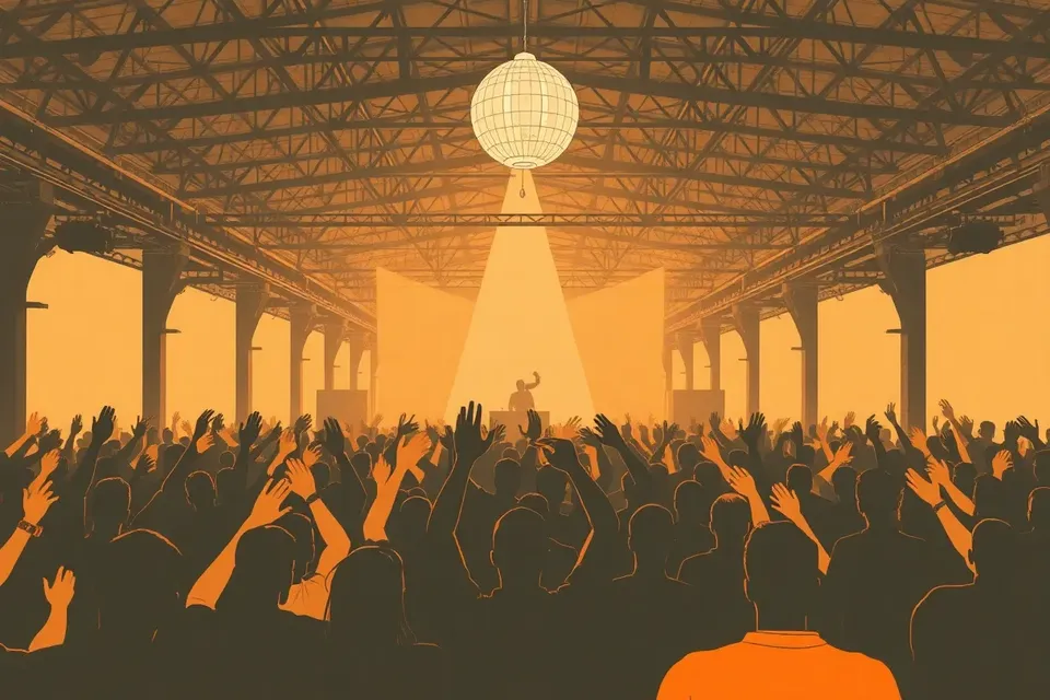 A wide shot of a crowded warehouse party in Kuala Lumpur, with a DJ booth glowing in the distance and a disco ball spinning above the dancing crowd.
