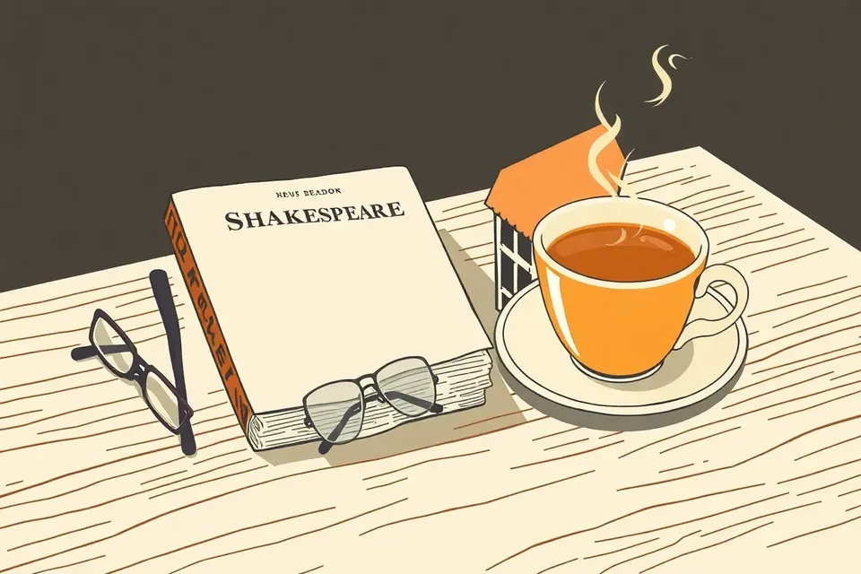 A still life illustration of a Shakespeare book, a miniature Globe Theatre model, reading glasses, and a steaming cup of tea on a wooden table.