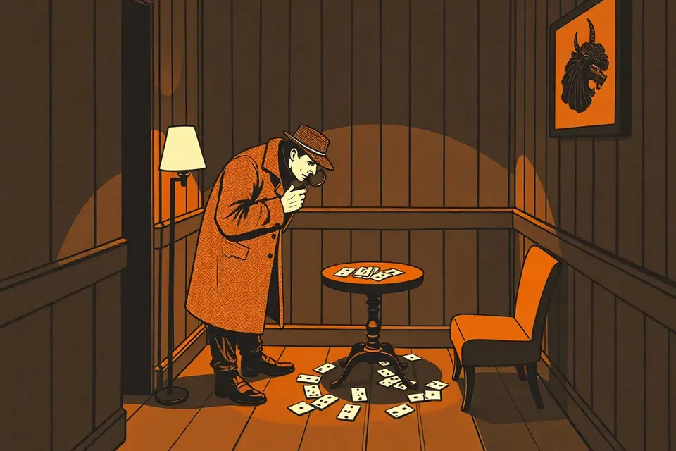 A stylized illustration of a person in a tweed coat examining cards with a magnifying glass under a lamp in a wood-paneled room.
