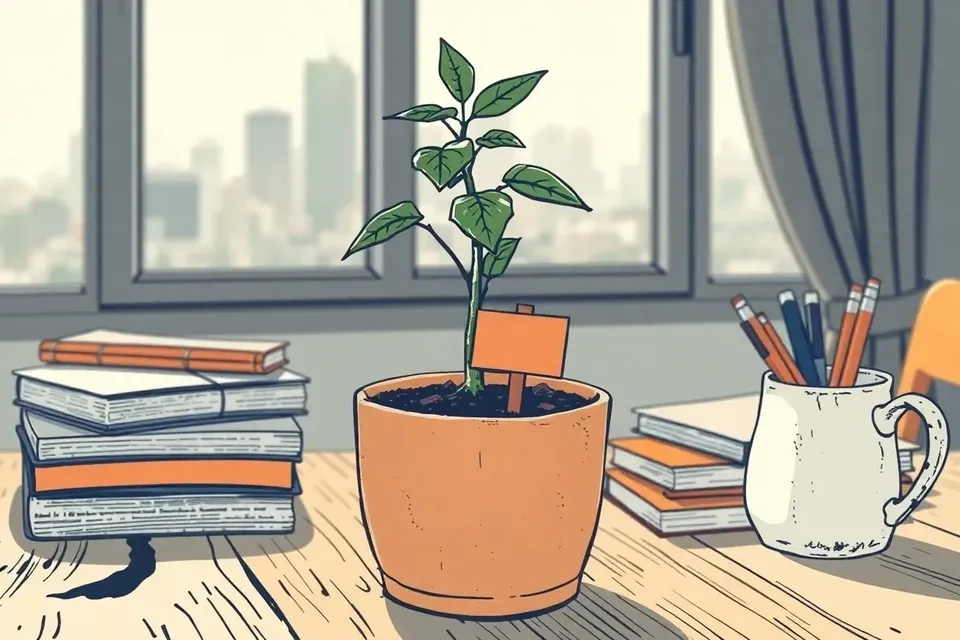 A close-up of a young plant in a terracotta pot on a wooden table, with a blank sign in the soil, notebooks and a mug nearby, and a blurred city skyline through a window.