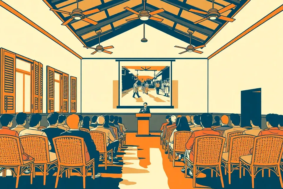 A spacious colonial hall with rattan chairs, a podium, and a glowing projector screen, ceiling fans spinning, wooden shutters casting shadows.