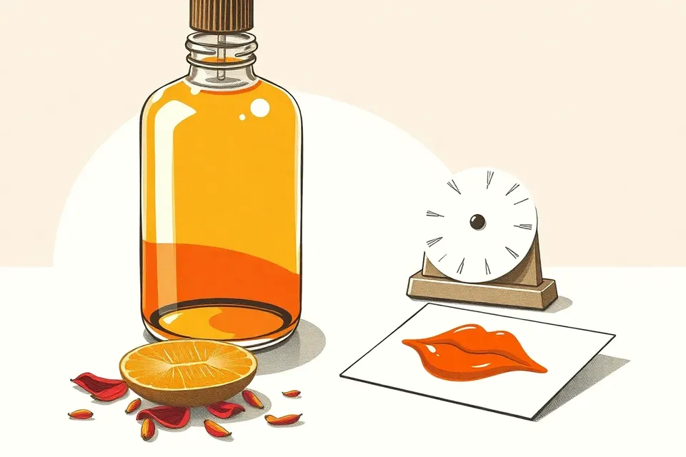 A large glass dropper bottle filled with amber oil stands on a wooden table, next to a brass scale with dried petals and a lip-shaped swatch on a card.