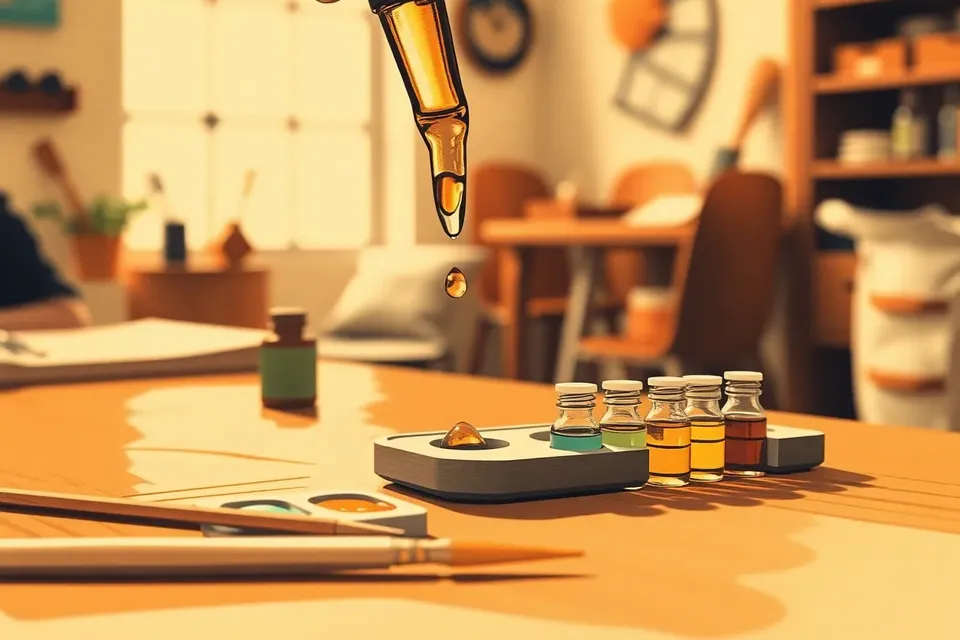 Close-up of a glass dropper bottle and small vials of colored oils on a wooden table, with soft lighting and a blurred workshop background.