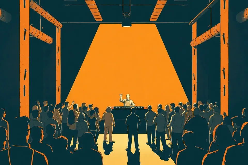 A wide shot of a dark, industrial club with a small crowd facing a DJ on a low stage, illuminated by a single spotlight in a hazy atmosphere.