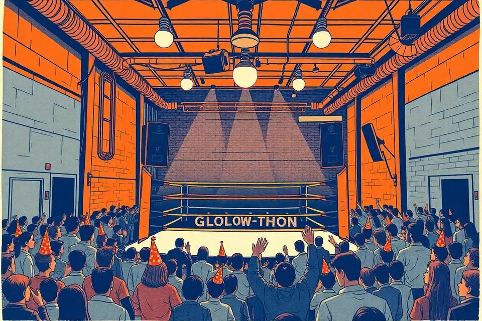 A wide shot of an indoor venue with a boxing ring in the center, surrounded by a crowd of small figures in party hats and casual clothes, some holding glow sticks. The ceiling has exposed pipes and hanging lights, creating a festive atmosphere.