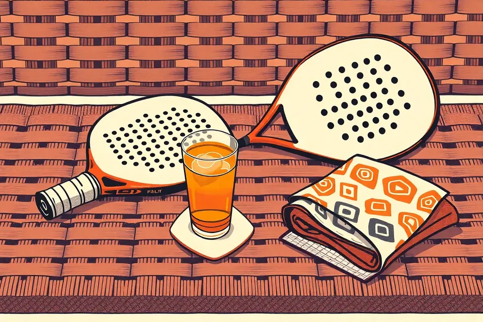 A padel racket on a bench next to a sweating glass of iced tea on a leaf-shaped coaster, with a folded patterned towel nearby.