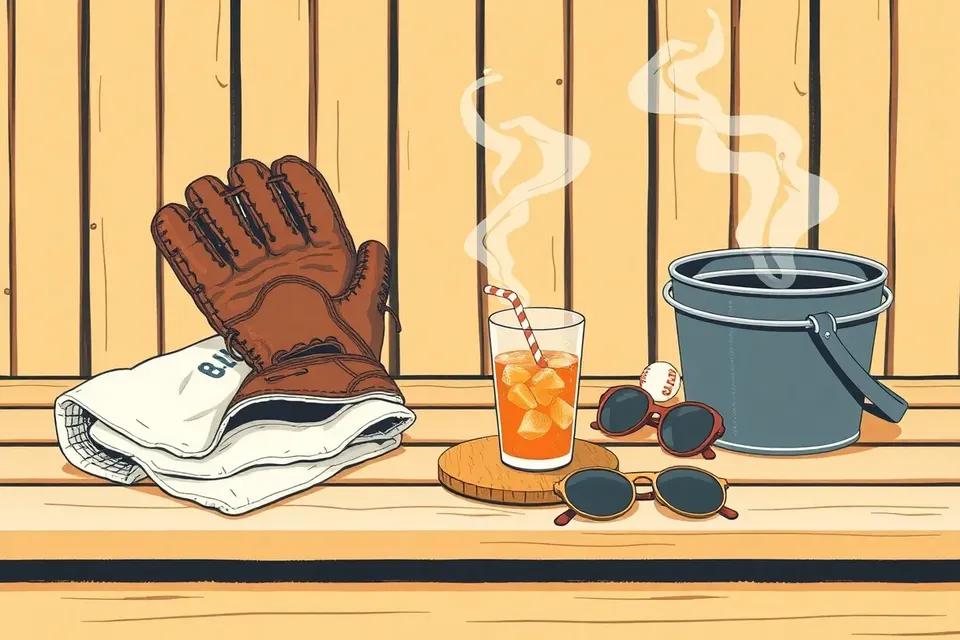 A still life arrangement on a sauna bench, featuring a leather baseball mitt holding a towel, a sweating glass of iced drink, a folded fan, and sunglasses, with steam rising from a bucket nearby.