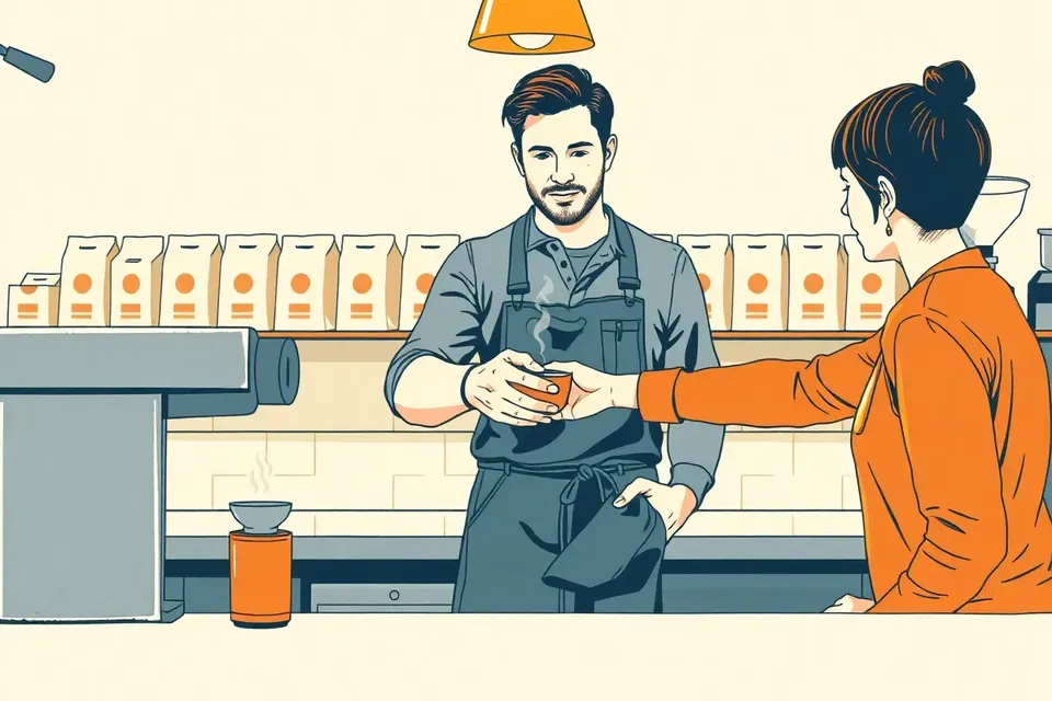 A barista and customer exchange a coffee cup at a sleek, minimalist coffee bar, with a blurred wall of coffee bags and a warm pendant light overhead.