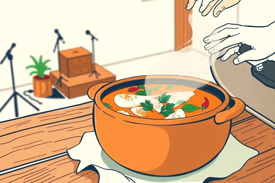 A close-up of a steaming clay pot of tilapia soup with herbs and chilies on a wooden table, with a blurred stage and spotlight in the background.