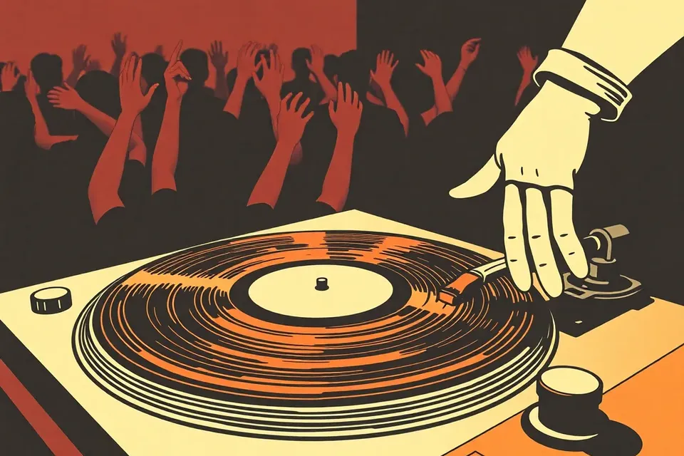 Close-up of a vinyl record on a turntable in a dark club, with a gloved hand reaching toward it and blurred silhouettes of a crowd in the background.
