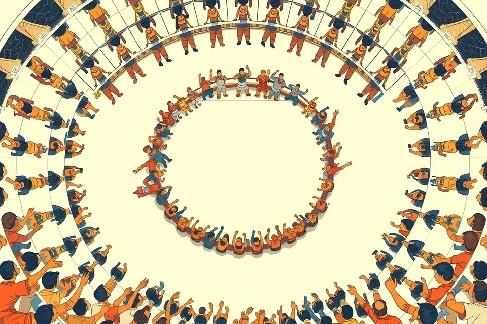 An overhead illustration of a Muay Thai boxing ring surrounded by a crowd of stylized figures with raised arms, set within a circular stadium structure, conveying a dynamic and energetic atmosphere.