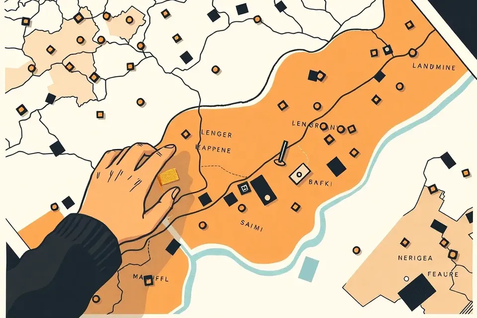 An overhead view of a map with red dots and grey shapes, a hand placing a flag, evoking a tense geopolitical briefing.