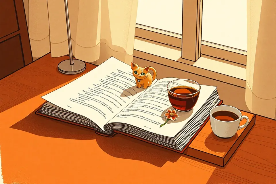 An open book with Thai text on a wooden table, accompanied by a ceramic cat figurine, a jasmine sprig, and a teacup, in soft natural light.