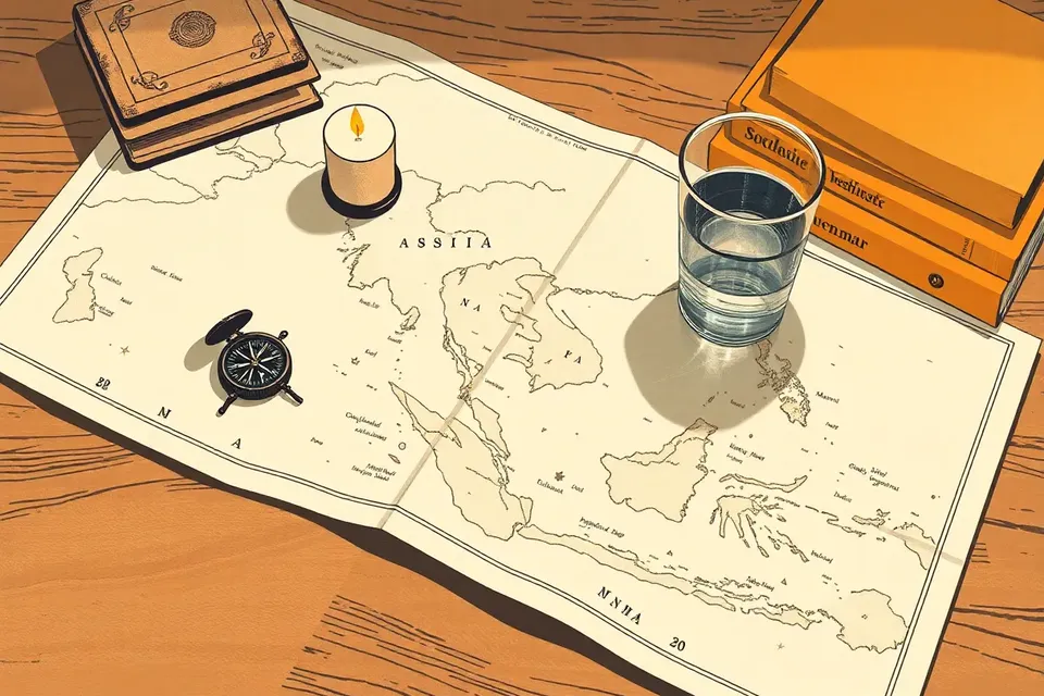 A still life arrangement on a wooden table featuring a creased map of Southeast Asia, a dented compass, a stack of old books, an unlit candle, and a half-empty glass of water, evoking a contemplative mood.