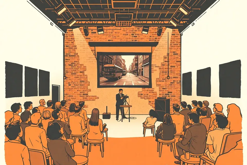 A dimly lit music venue with a small audience seated on stools, facing a speaker beside a camera on a tripod. Spotlights create shadows on brick walls and acoustic panels, with a glowing screen behind the speaker.