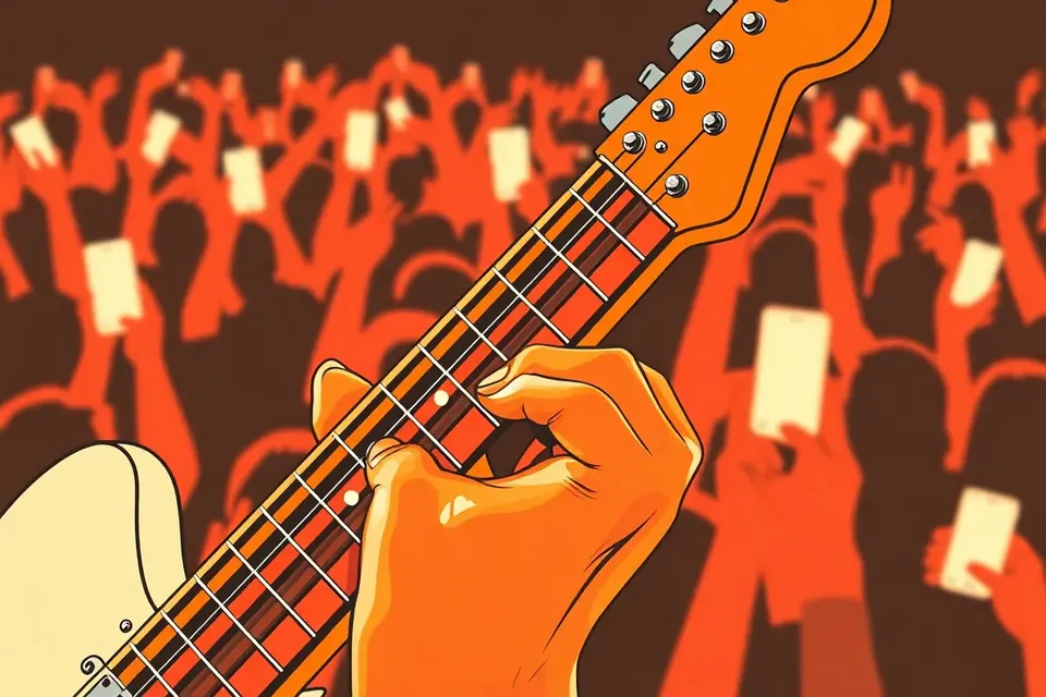 Close-up of a guitar neck with stage lights reflecting, blurred crowd with raised hands and phone lights in background.