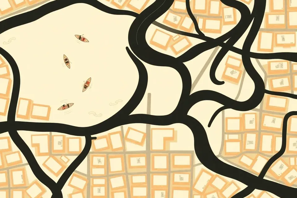 An overhead illustration of two rivers flooding a city grid, with small boats and ripples disrupting the orderly blocks.
