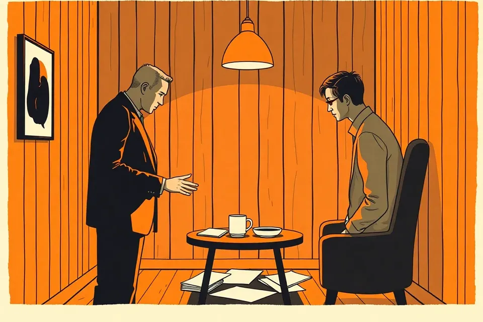 Two silhouetted figures in a dark, wood-paneled room, one gesturing over a table with papers, lit by a single lamp.