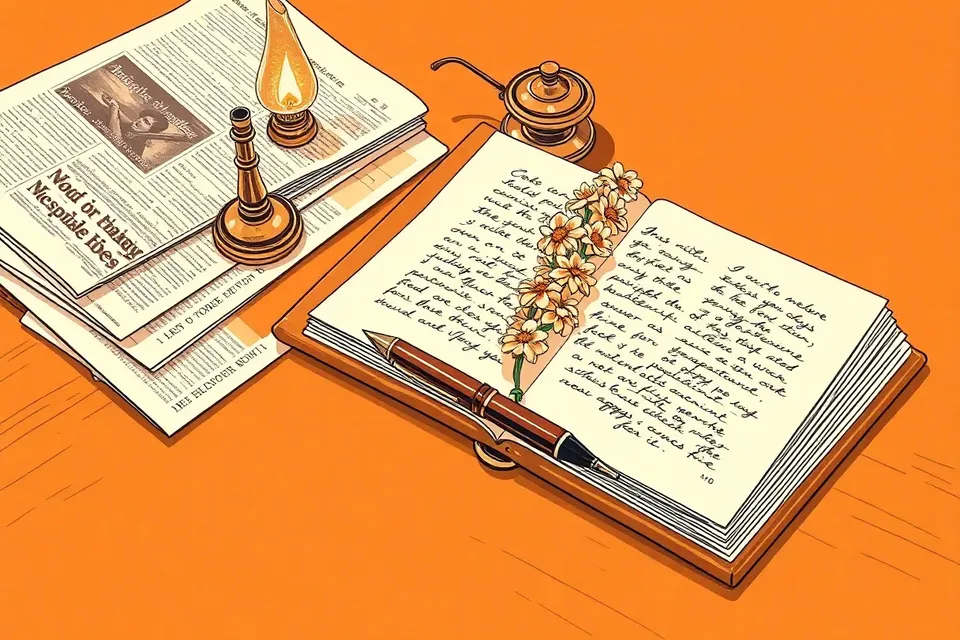 An open notebook with handwritten notes, a fountain pen, old newspapers, an unlit brass lamp, and a jasmine garland on a wooden table.