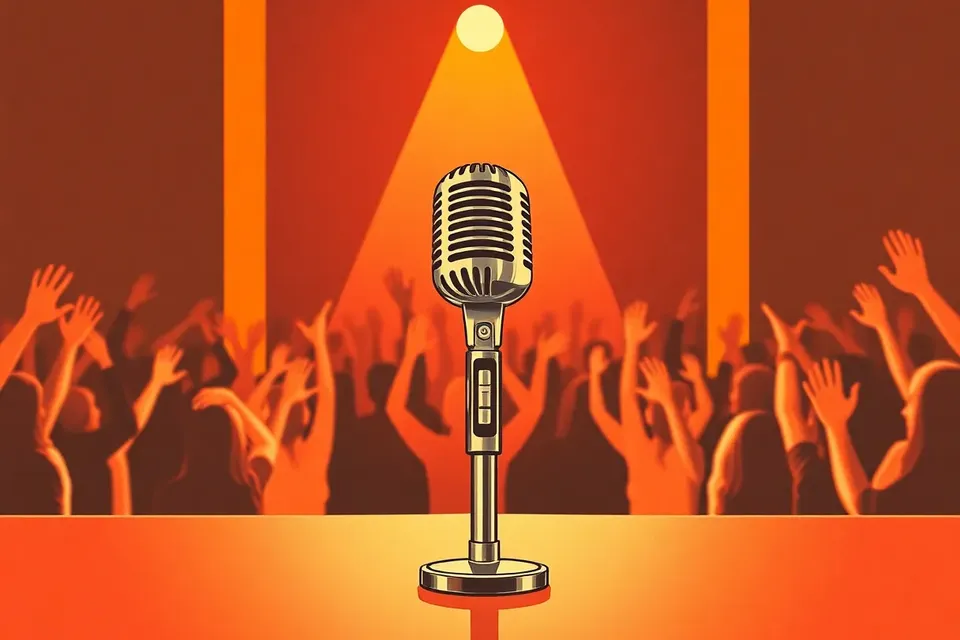 A golden microphone on a stage, illuminated by a spotlight, with a blurred crowd of raised hands in the background, evoking a concert's excitement.