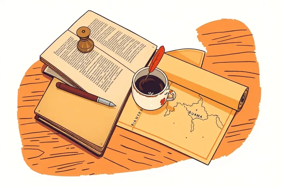 An open antique book on a wooden desk, with a brass inkwell and quill, a map of Burma partially unrolled, and a teacup with rice grains on its saucer.