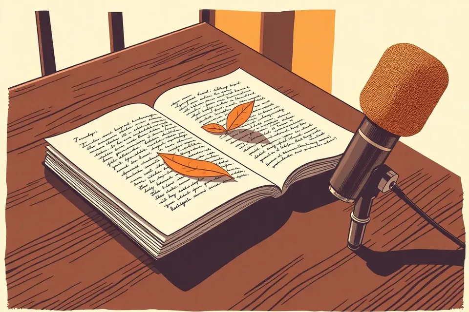 A close-up of an open notebook with handwritten notes and a pressed leaf, a vintage microphone at the edge, on a dark wooden table in a warm, dimly lit room.