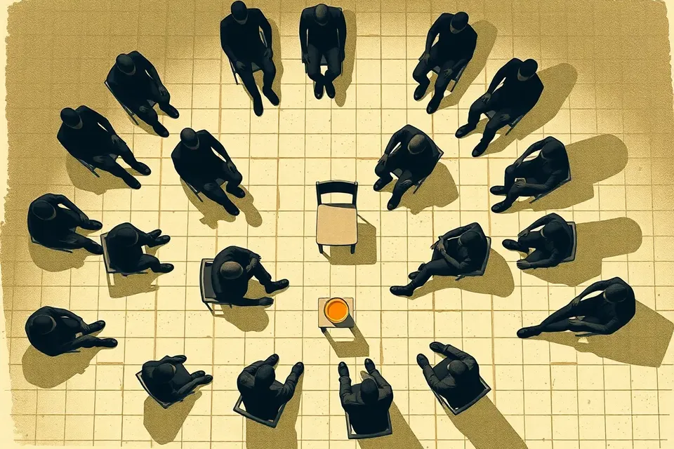 An overhead view of a dimly lit room with a circular arrangement of seated figures, their shadows radiating from a central empty chair and table with a glass of water.