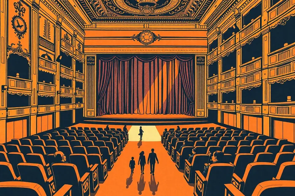 A wide shot of an opulent theater with red velvet seats and gold trim, a stage curtain opening, and small silhouetted audience members seated, creating an atmosphere of anticipation.