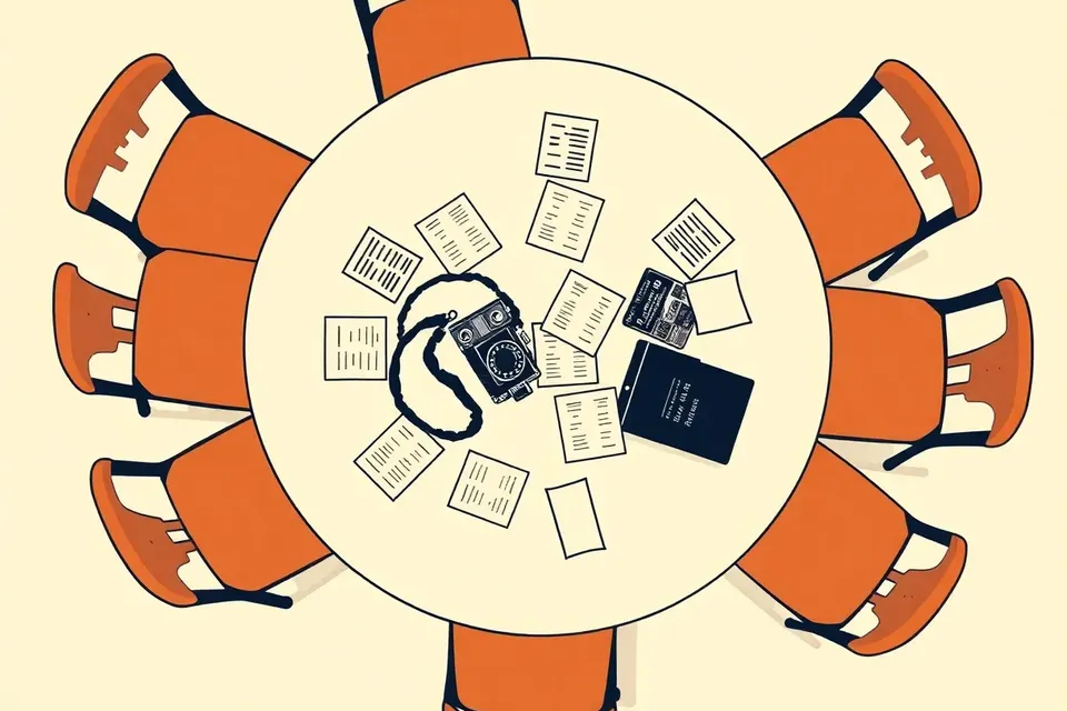 An overhead view of a circular table with papers and a vintage camera, surrounded by empty chairs, in a quiet, contemplative setting.