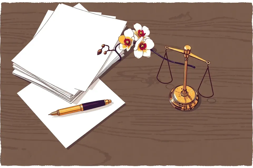 A still life illustration of a fountain pen, blank papers, a brass scale, and an orchid on a dark wooden table, evoking a formal, thoughtful atmosphere.