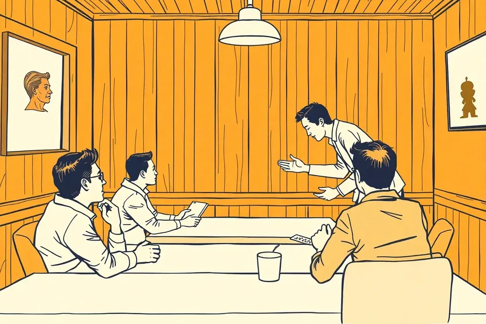 A speaker gestures to a small audience in a wood-paneled clubhouse, with one listener taking notes.