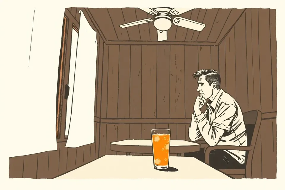 Two stylized figures in a dark, wood-paneled room, one gesturing, the other listening, with a ceiling fan and a sweating glass of iced tea on a low table.