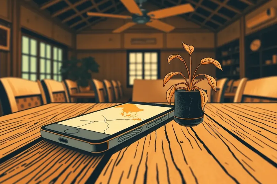 A cracked smartphone displaying a heatmap of Asia on a wooden table, next to a wilted plant, in a dimly lit colonial-style room with a ceiling fan.