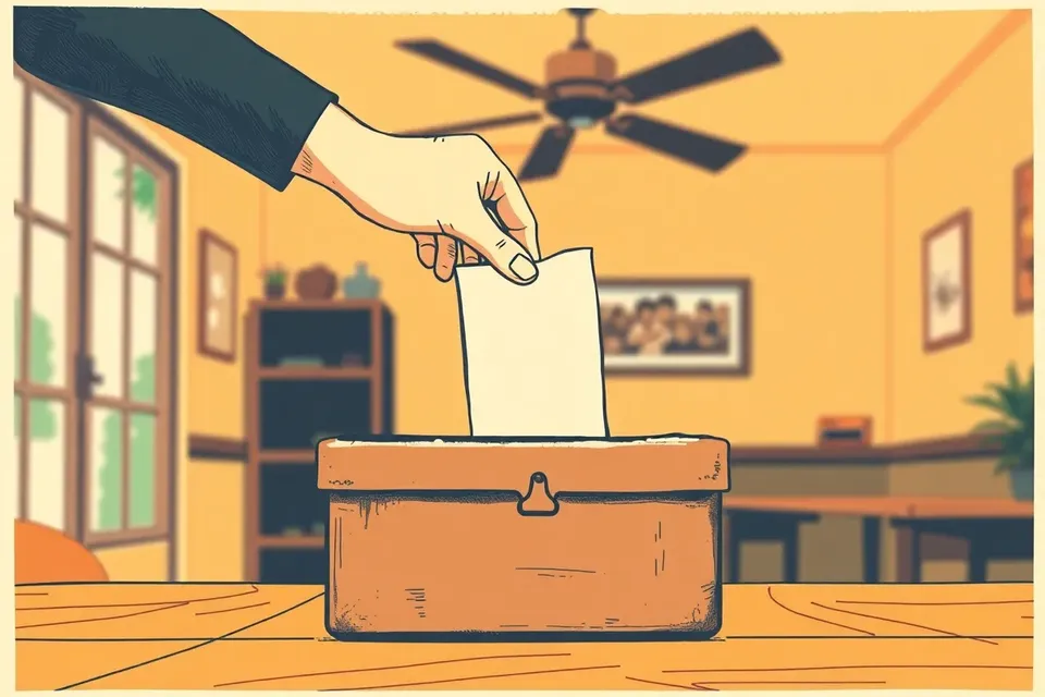 A close-up of a worn ballot box on a wooden table, with a hand holding a blank ballot paper above it, in a dimly lit room with a ceiling fan.
