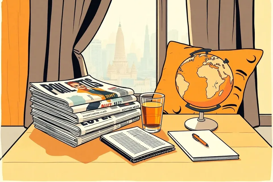 A still life arrangement on a teak table with political magazines, a Thai silk cushion, a sweating glass of iced tea, a notepad with pen, and a small globe, with a blurred Bangkok skyline visible through a window.