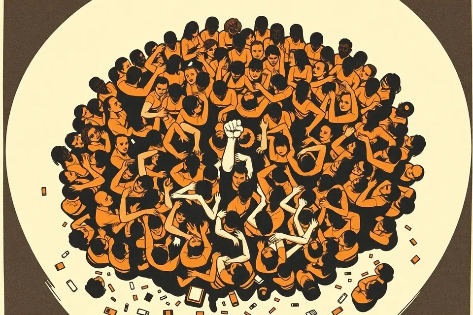 Overhead view of a chaotic mosh pit in a dark venue, with a central raised fist and swirling crowd patterns.