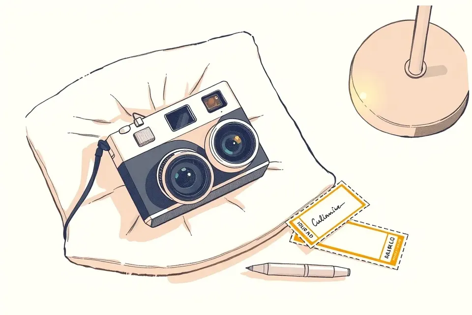 A still life arrangement with a polaroid camera, blank film, a silver marker, and a ticket stub on a velvet cushion, evoking a fan meeting experience.