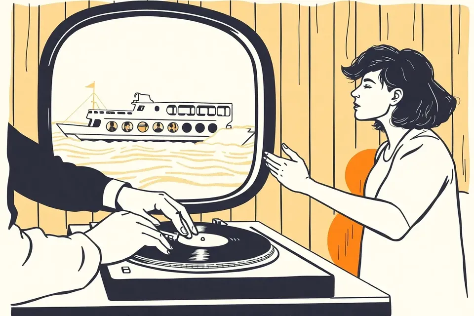 An illustration of a DJ's hands on turntables, with a riverboat visible through a window, and a dancer swaying in the background, evoking a warm, sun-soaked house music session.