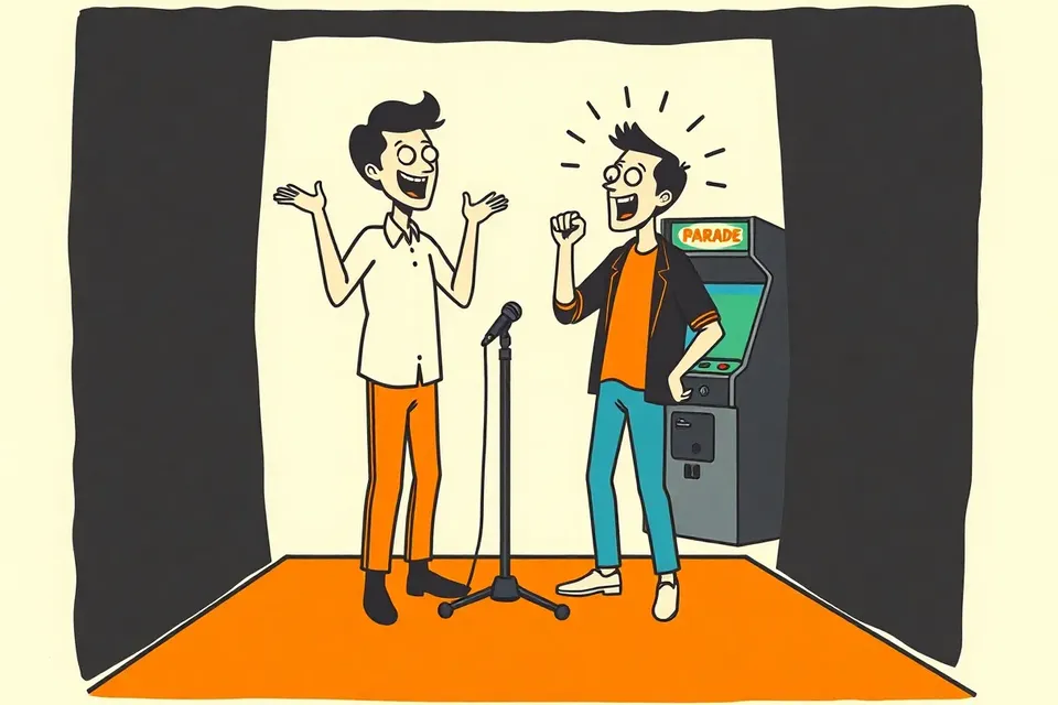 Two anonymous performers on a small stage, one animatedly gesturing, the other reacting with surprise, with a blurred arcade cabinet glow in the background.