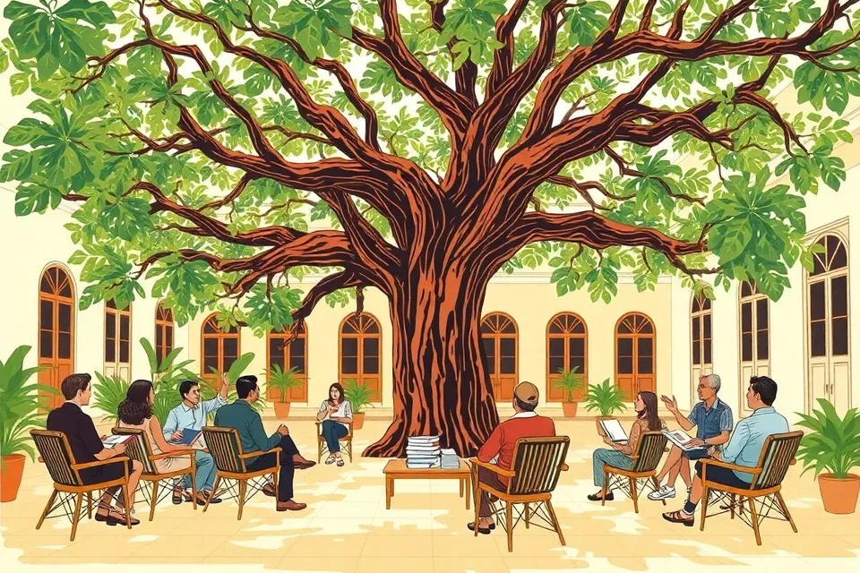 A wide view of a shaded courtyard with a small group of people seated on rattan chairs around a low table with books, a speaker gesturing, and dappled light filtering through a large tree.