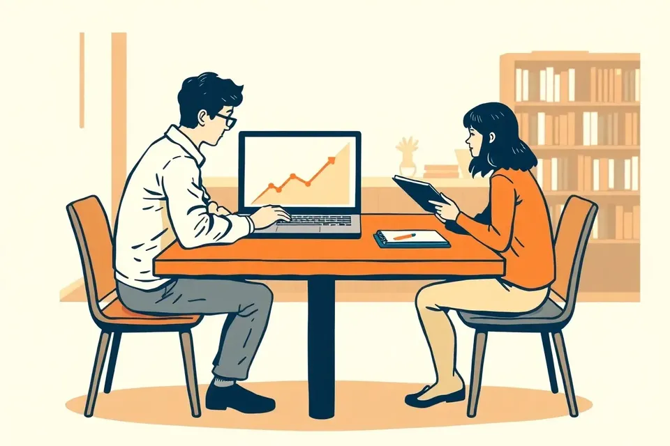 Two people at a wooden table in a dimly lit clubhouse, one pointing at a laptop with a line graph, the other taking notes, with a bookshelf blurred in the background.